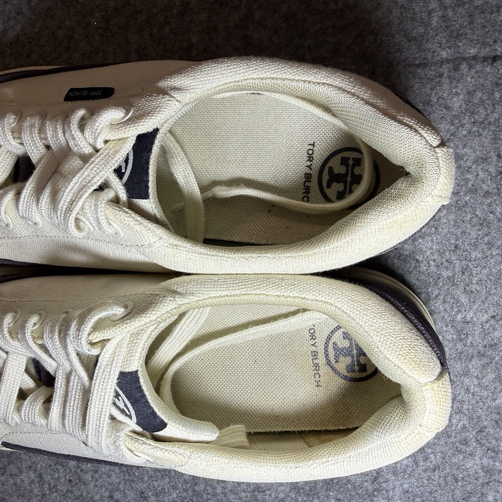 Tory Burch Size 9.5 Womens Classic Court Sneaker, Ivory Canvas/ Perfect Navy - Picture 5 of 9